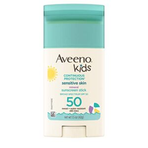 aveeno kids continuous protection sensitive skin mineral spf 50 sunscreen stick, 100% zinc oxide for face & body, sweat- & water-resistant sunscreen stick for children, spf 50, 1.5 oz