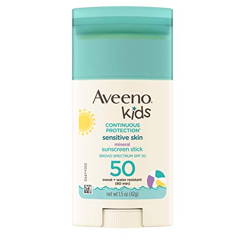 Aveeno Kids Continuous Protection Sensitive Skin Mineral SPF 50 Sunscreen Stick, 100% Zinc Oxide for Face & Body, Sweat- & Water-Resistant Sunscreen Stick for Children, SPF 50, 1.5 oz