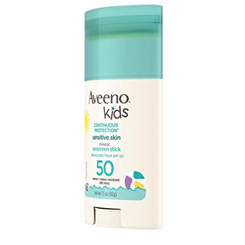 Aveeno Kids Continuous Protection Sensitive Skin Mineral SPF 50 Sunscreen Stick, 100% Zinc Oxide for Face & Body, Sweat- & Water-Resistant Sunscreen Stick for Children, SPF 50, 1.5 oz
