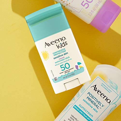 Aveeno Kids Continuous Protection Sensitive Skin Mineral SPF 50 Sunscreen Stick, 100% Zinc Oxide for Face & Body, Sweat- & Water-Resistant Sunscreen Stick for Children, SPF 50, 1.5 oz
