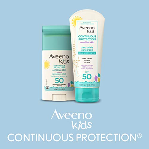 Aveeno Kids Continuous Protection Sensitive Skin Mineral SPF 50 Sunscreen Stick, 100% Zinc Oxide for Face & Body, Sweat- & Water-Resistant Sunscreen Stick for Children, SPF 50, 1.5 oz