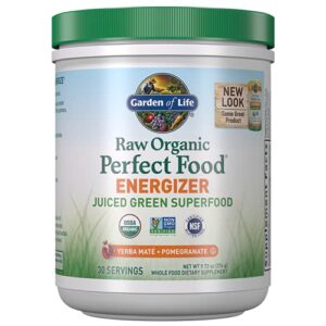 garden of life raw organic perfect food energizer juiced green superfood powder – yerba mate pomegranate, & probiotics, gluten free whole food greens supplements, 30 servings, 9.73 oz