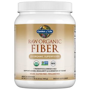 Garden of Life Fiber Supplement, Raw Organic Fiber Powder - 30 Servings, 15 Organic Superfoods, Probiotics and Omega-3 ALA, 4g Soluble Fiber, 5g Insoluble Fiber for Regularity, Psyllium Free Fiber