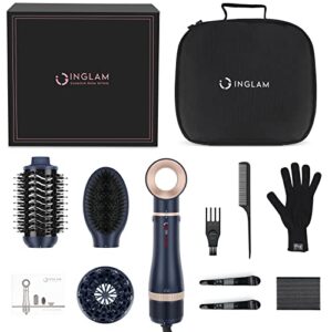 Hair Dryer Brush Set, IG INGLAM 4 in 1 Blowout Brush, Negative Ion Detachable Hair Dryer & Styler Volumizer Hot Air Hair Dryer Brush with 2 Styling Brush Heads, Prussian Blue