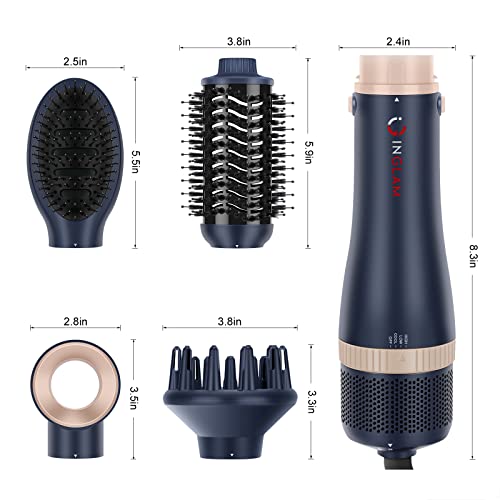 Hair Dryer Brush Set, IG INGLAM 4 in 1 Blowout Brush, Negative Ion Detachable Hair Dryer & Styler Volumizer Hot Air Hair Dryer Brush with 2 Styling Brush Heads, Prussian Blue