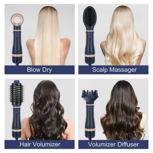 Hair Dryer Brush Set, IG INGLAM 4 in 1 Blowout Brush, Negative Ion Detachable Hair Dryer & Styler Volumizer Hot Air Hair Dryer Brush with 2 Styling Brush Heads, Prussian Blue