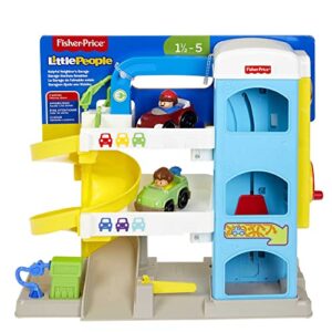 Fisher-Price Little People Toddler Toy Helpful Neighbor’S Garage Playset with Spiral Ramp and 2 Wheelies Cars for Ages 18+ Months