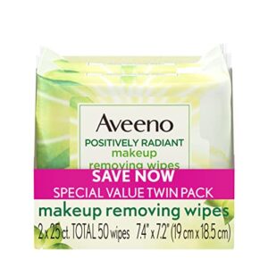 aveeno positively radiant oil-free makeup removing face wipes to help even skin tone and texture with moisture-rich soy extract, gentle facial cleansing wipes, twin pack, 2 x 25 ct.