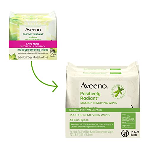 Aveeno Positively Radiant Oil-Free Makeup Removing Face Wipes to Help Even Skin Tone and Texture with Moisture-Rich Soy Extract, Gentle Facial Cleansing Wipes, Twin Pack, 2 x 25 ct.
