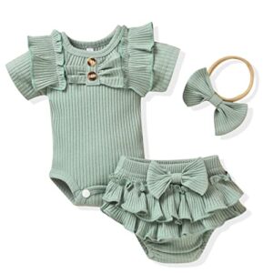 Aalizzwell 0 - 3 Months Newborn Infant Girls Clothes Short Sleeve Bloomer Shorts Ribbed Summer Outfit Olive Green