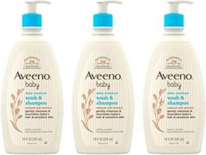 aveeno baby daily moisture gentle bath wash & shampoo with natural oat extract, hypoallergenic, tear-free & paraben-free formula for sensitive hair & skin, lightly scented, 18 fl oz (pack of 3)