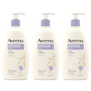 aveeno stress relief moisturizing body lotion with lavender, natural oatmeal & chamomile & ylang-ylang essential oils to calm & relax, non-greasy daily stress relief lotion, 3 x 18 fl. oz