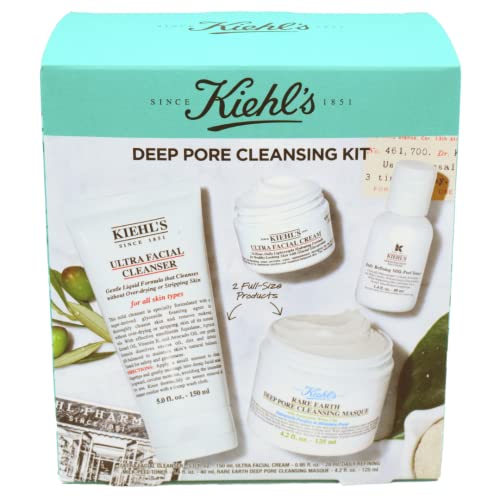 Kiehl's Deep Pore Cleansing and Hydrating Set:: Ultra Facial Cleanser, Rare Earth Deep Pore Cleansing Masque, Daily Refining Milk-Peel Toner, Ultra Facial Moisturizing Cream with Squalane