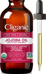 cliganic usda organic jojoba oil, 100% pure (4oz) | moisturizing oil for face, hair, skin & nails | natural cold pressed hexane free