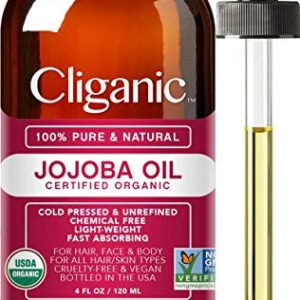 Cliganic USDA Organic Jojoba Oil, 100% Pure (4oz) | Moisturizing Oil for Face, Hair, Skin & Nails | Natural Cold Pressed Hexane Free