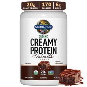 garden of life creamy organic vegan protein powder + oatmilk, 20g complete plant based protein, coconut water, mcts, sprouted grains, prebiotics, probiotics – gluten-free, chocolate brownie, 2 lbs