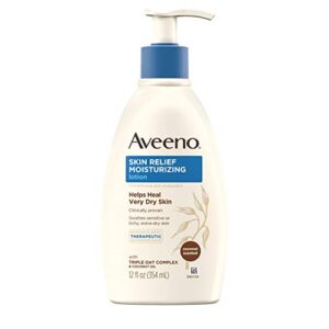 aveeno skin relief moisturizing lotion with scent triple oat complex dimethicone skin protectant for sensitive extradry itchy skin, coconut, 12 fl oz