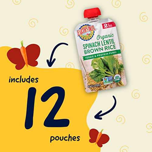 Earth's Best Organic Baby Food Pouches, Stage 2 Protein and Veggie Puree for Babies 6 Months and Older, Organic Spinach Lentil Brown Rice, 3.5 oz Resealable Pouch (Pack of 12)