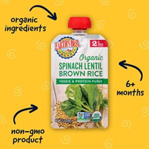 Earth's Best Organic Baby Food Pouches, Stage 2 Protein and Veggie Puree for Babies 6 Months and Older, Organic Spinach Lentil Brown Rice, 3.5 oz Resealable Pouch (Pack of 12)