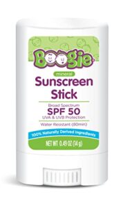 baby sunscreen by boogie block, mineral sunscreen stick, naturally derived, water resistant, spf 50, 0.49 oz, pack of 1