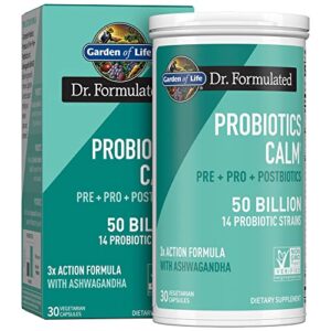 garden of life dr formulated calm daily 3-in-1 complete probiotics, prebiotics & postbiotics with ashwagandha – pre + pro + postbiotic supplement for immune, digestive & mood support – 30 day supply