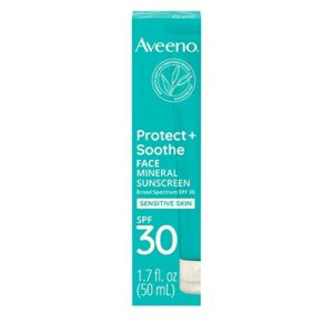 aveeno protect + soothe face mineral sunscreen with broad spectrum spf 30 for sensitive skin, lightweight & non-greasy face sunscreen, water-resistant uva/uvb protection, 1.7 fl. oz