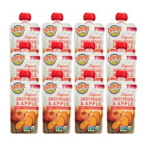 earth’s best organic baby food pouches, stage 2 fruit and vegetable puree for babies 6 months and older, organic sweet potato and apple puree, 4 oz resealable pouch (pack of 12)