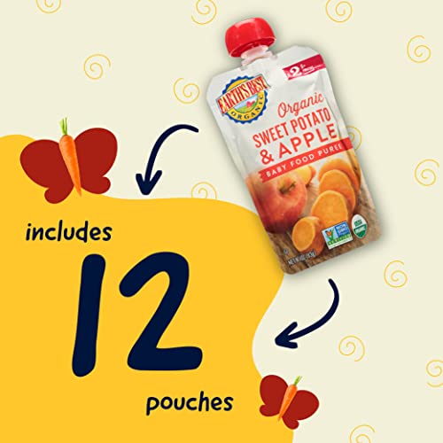 Earth's Best Organic Baby Food Pouches, Stage 2 Fruit and Vegetable Puree for Babies 6 Months and Older, Organic Sweet Potato and Apple Puree, 4 oz Resealable Pouch (Pack of 12)