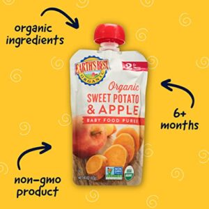 Earth's Best Organic Baby Food Pouches, Stage 2 Fruit and Vegetable Puree for Babies 6 Months and Older, Organic Sweet Potato and Apple Puree, 4 oz Resealable Pouch (Pack of 12)