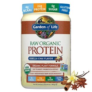 garden of life raw organic protein vanilla chai powder, 20 servings, certified vegan, gluten free, organic & non-gmo, plant based sugar free protein shake, probiotics & enzymes, 4g bcaas, 22g protein