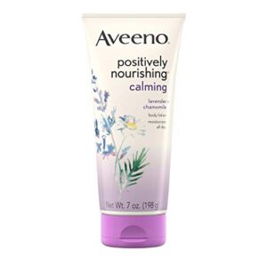 aveeno positively nourishing calming body lotion with lavender, chamomile, soothing oatmeal & shea butter, daily moisturizing lotion for all-day hydration & dry skin relief, 7 oz