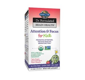 garden of life dr. formulated attention and focus for kids, supplement promotes healthy brain function, concentration with organic wild blueberry, pine bark, vitamin c, d and probiotics, 60 count