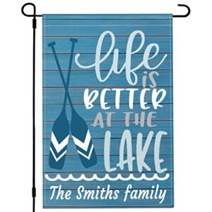 personalized life is better at the lake garden flag, custom personal information linen lake house yard outdoor decor welcome flag, double sided 12″ x 18″