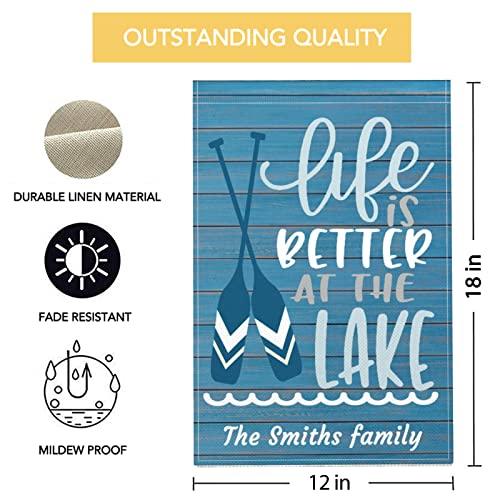 Personalized Life is Better at the Lake Garden Flag, Custom Personal Information Linen Lake House Yard Outdoor Decor Welcome Flag, Double Sided 12" x 18"