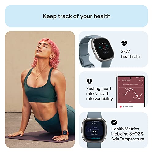 Fitbit Versa 4 Fitness Smartwatch with Daily Readiness, GPS, 24/7 Heart Rate, 40+ Exercise Modes, Sleep Tracking and more, Waterfall Blue/Platinum, One Size (S & L Bands Included)