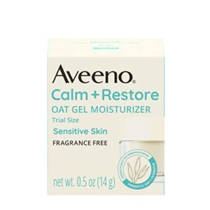 aveeno calm + restore oat gel facial moisturizer for sensitive skin, fast-absorbing, soothing lightweight gel cream face moisturizer with prebiotic oat & feverfew, fragrance-free, 0.5 oz