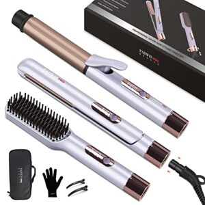 hair straightener and curler, parwin pro beauty 1” flat iron,1.25” curling iron hair straightener brush with detachable power cord, led temp control & instant heat up, dual voltage, for home travel