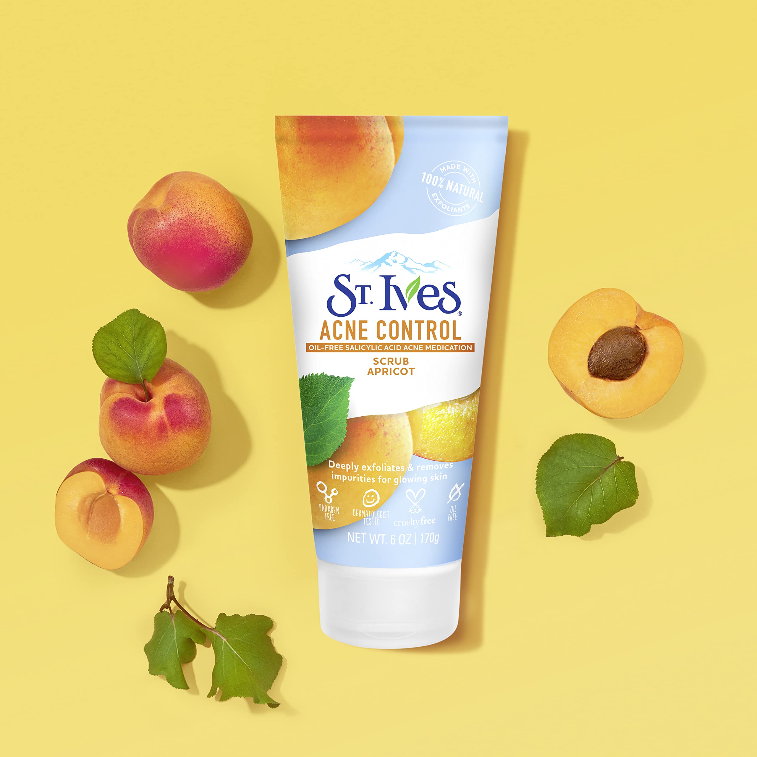 St. Ives Acne Control Face Scrub Deeply Exfoliates and Prevents Acne for Smooth, Glowing Skin Apricot Made with Oil-Free Salicylic Acid Acne Medication, Made with 100% Natural Exfoliants 6 oz 4 Count