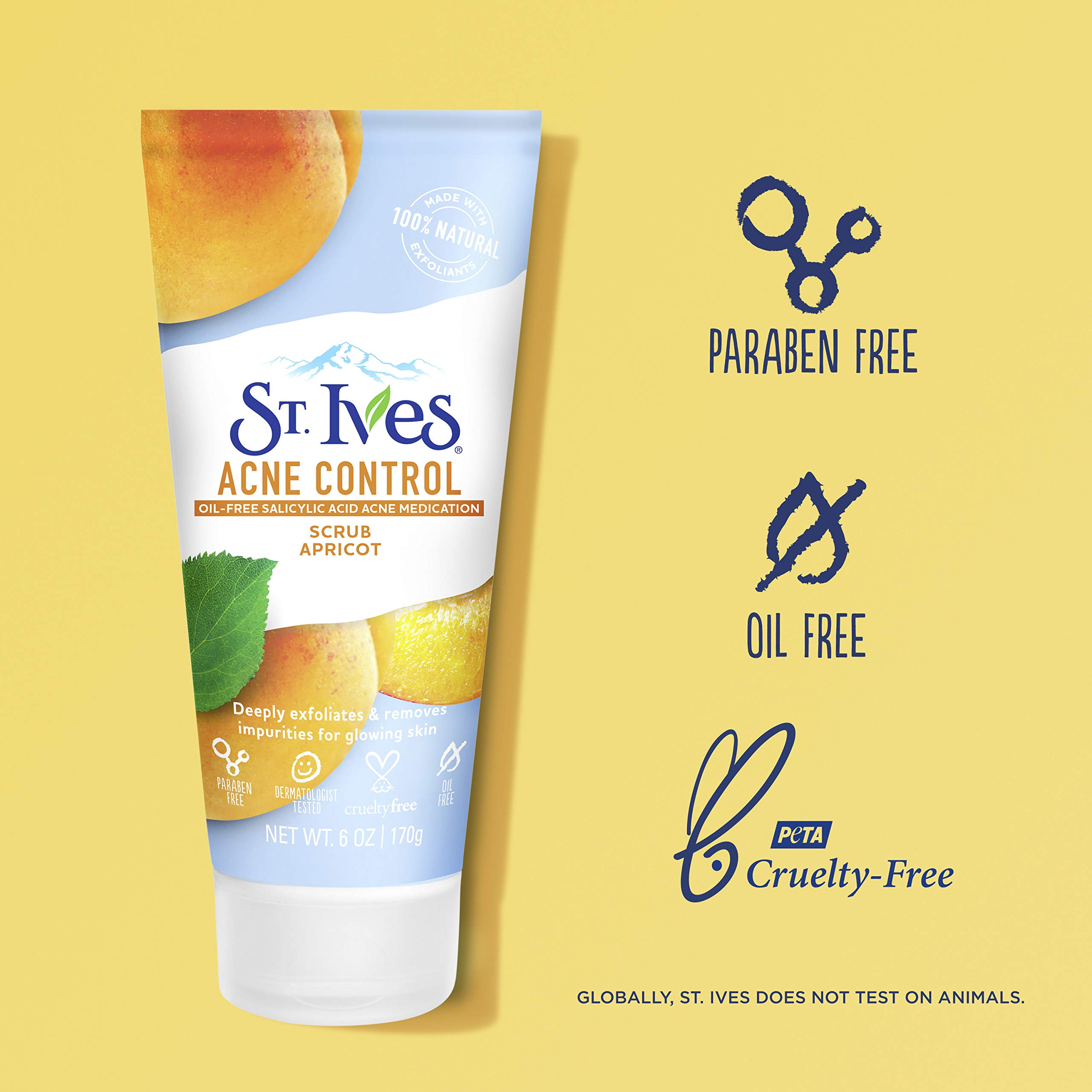 St. Ives Acne Control Face Scrub Deeply Exfoliates and Prevents Acne for Smooth, Glowing Skin Apricot Made with Oil-Free Salicylic Acid Acne Medication, Made with 100% Natural Exfoliants 6 oz 4 Count