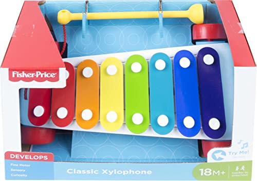 Fisher-Price Toddler Pull Toy, Classic Xylophone Pretend Musical Instrument with Mallet and Rolling Wheels for Ages 18+ Months