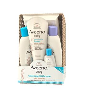 Aveeno Baby Welcome Little One Gift Basket, Baby Skincare Set with Baby Body Wash & Shampoo, Calming Bath Wash, All Over Baby Wipes, & Daily Moisturizing Lotion, 5 Items