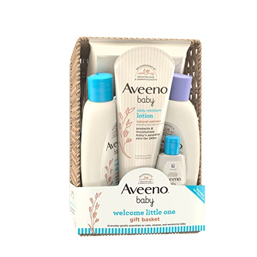Aveeno Baby Welcome Little One Gift Basket, Baby Skincare Set with Baby Body Wash & Shampoo, Calming Bath Wash, All Over Baby Wipes, & Daily Moisturizing Lotion, 5 Items