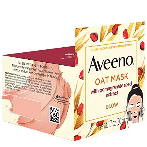 Aveeno Oat Face Mask with Pomegranate Seed Extract, Kiwi Water, and Prebiotic Oat, Hydrating Full Face Mask for Glowing Skin, Paraben Free, Phthalate-Free, 1.7 oz