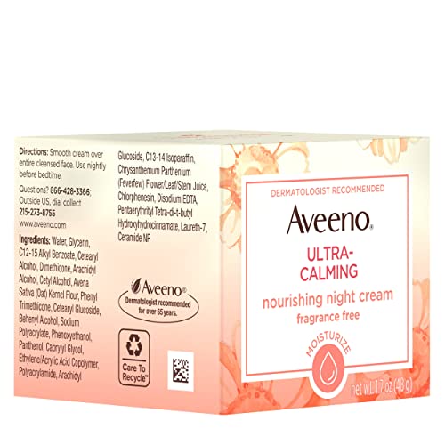 Aveeno Ultra-Calming Nourishing & Moisturizing Face & Neck Night Cream for Dry, Sensitive Skin with Calming Feverfew & Nourishing Oat, Non-Comedogenic, Oil-Free & Hypoallergenic, 1.7 oz (Pack of 3)