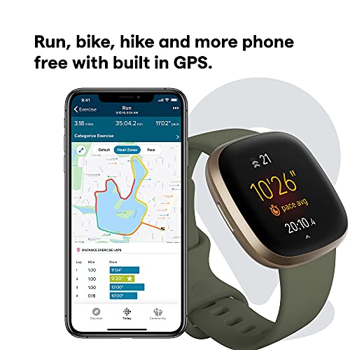 Fitbit Versa 3 Health & Fitness Smartwatch with GPS, 24/7 Heart Rate, Alexa Built-in, 6+ Days Battery, Olive/Soft Gold, One Size (S & L Bands Included)