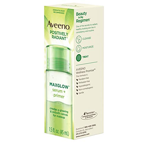 Aveeno Positively Radiant MaxGlow Hydrating Face Serum + Primer with Moisture Rich Soy & Kiwi Complex, Hypoallergenic, Non-Comedogenic, Paraben- & Phthalate-Free, 1.5 fl. oz