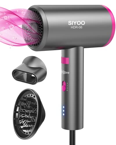 SIYOO Hair Dryer with Diffuser, 1600W Ionic Blow Dryer, Constant Temperature Hair Care Without Hair Damage, Lightweight Portable Travel Hairdryer