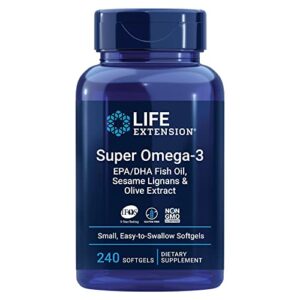life extension super omega-3 plus epa/dha fish oil, sesame lignans & olive extract – omega 3 supplement – for heart health and brain support – gluten free, non-gmo – 240 easy-to-swallow softgels