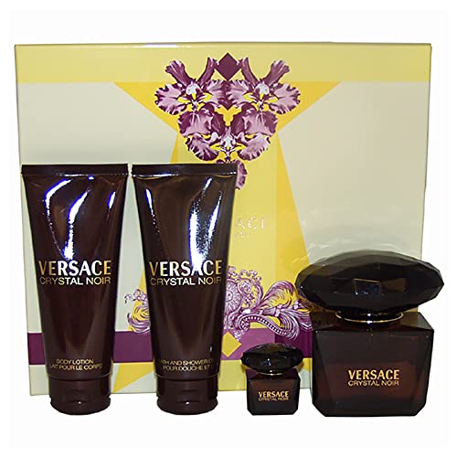 Versace Versace Crystal Noir 3oz EDT Spray, 3.4oz Bath & Shower Gel, 3.4oz Body Lotion, 5ml EDT Splash Mini Women 4 Pc Gift Set