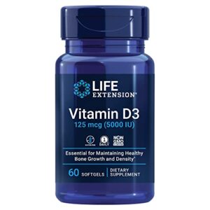 life extension vitamin d3 125 mcg (5000 iu) – promotes bone health, brain health and immune function – non-gmo – gluten-free – 1 daily – 60 softgels